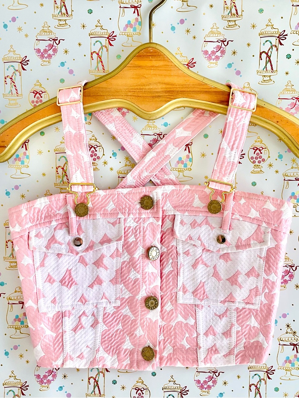 House of Holland ❉ Heart Print Dungaree Overall Jacquard Crop Top Size 4 XS S